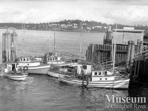 View of commercial fishing boats tied up Campbell River wharf