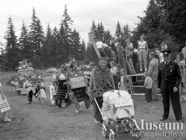 July 1st parade, Campbell River, Members of the Gilford Island and Nakwotak Bands in parade at Lane Field 